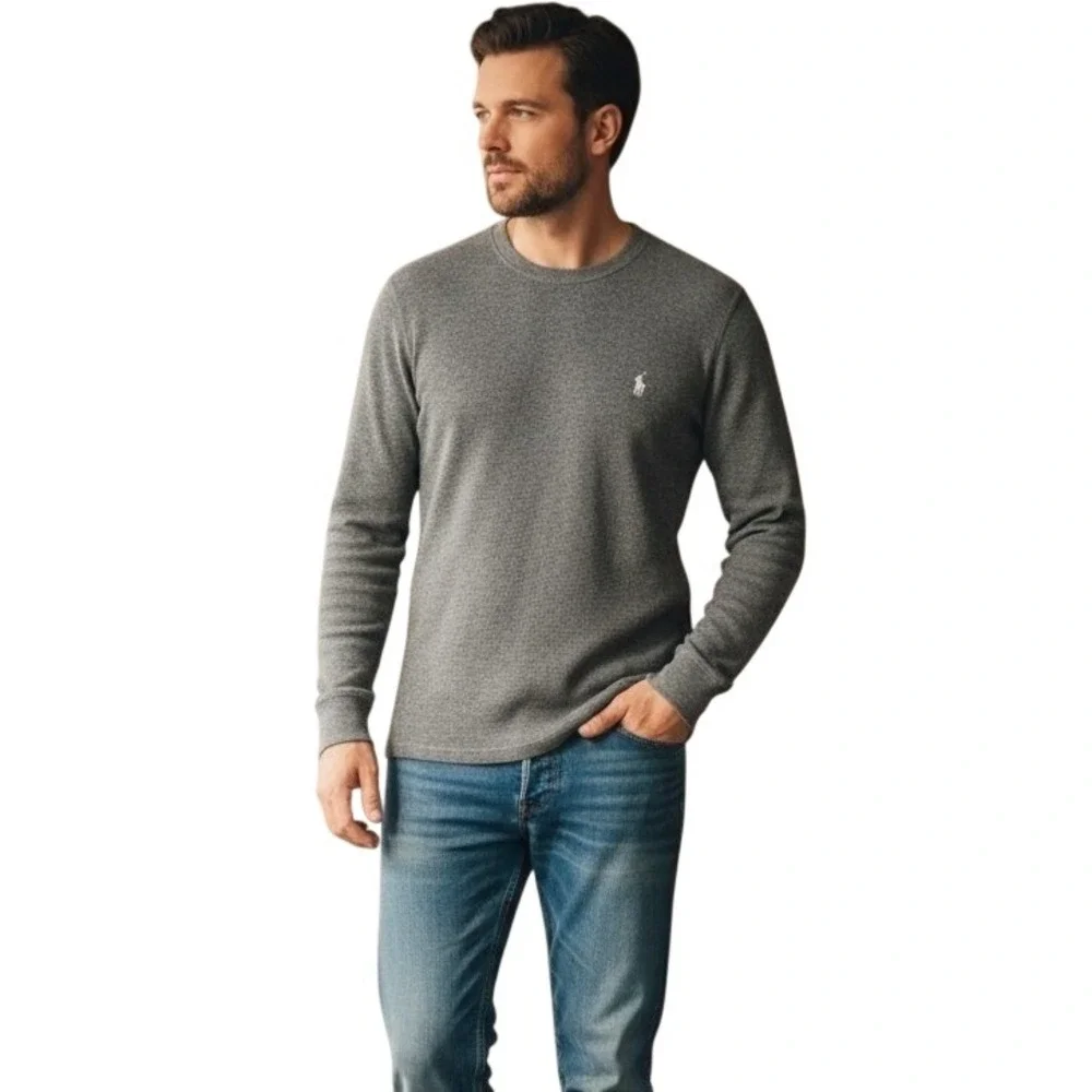 Polo Ralph Lauren Thermal Shirt Men Large Gray Waffle Knit Long Sleeve Pony Logo